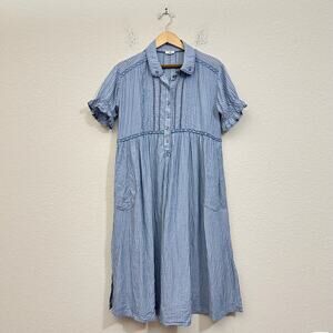PILCRO ANTHROPOLOGIE Flowy Shirt Dress Blue Pinstriped Puff Sleeve